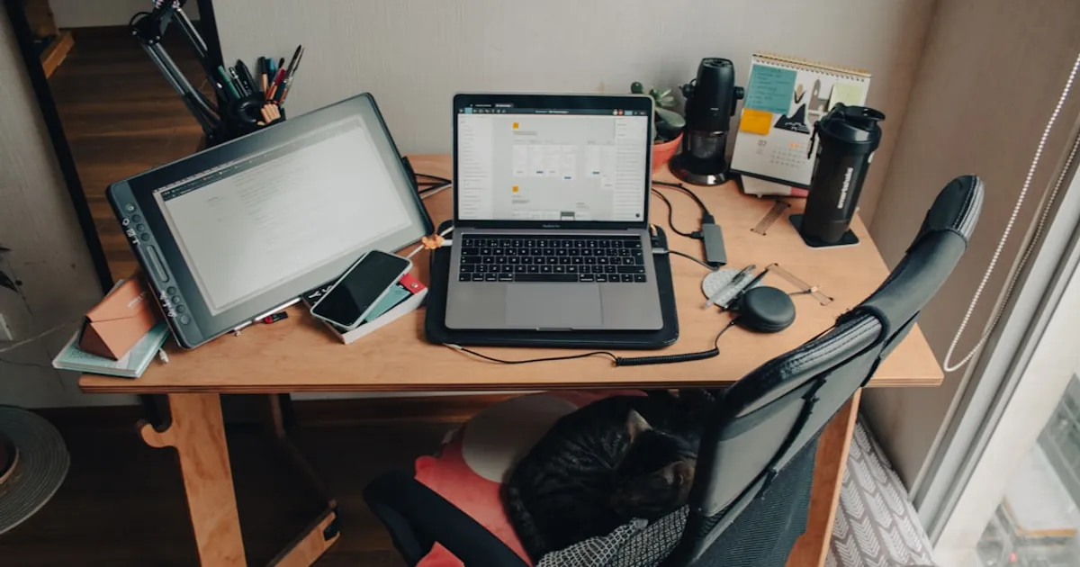 black and silver laptop computer on brown wooden desk