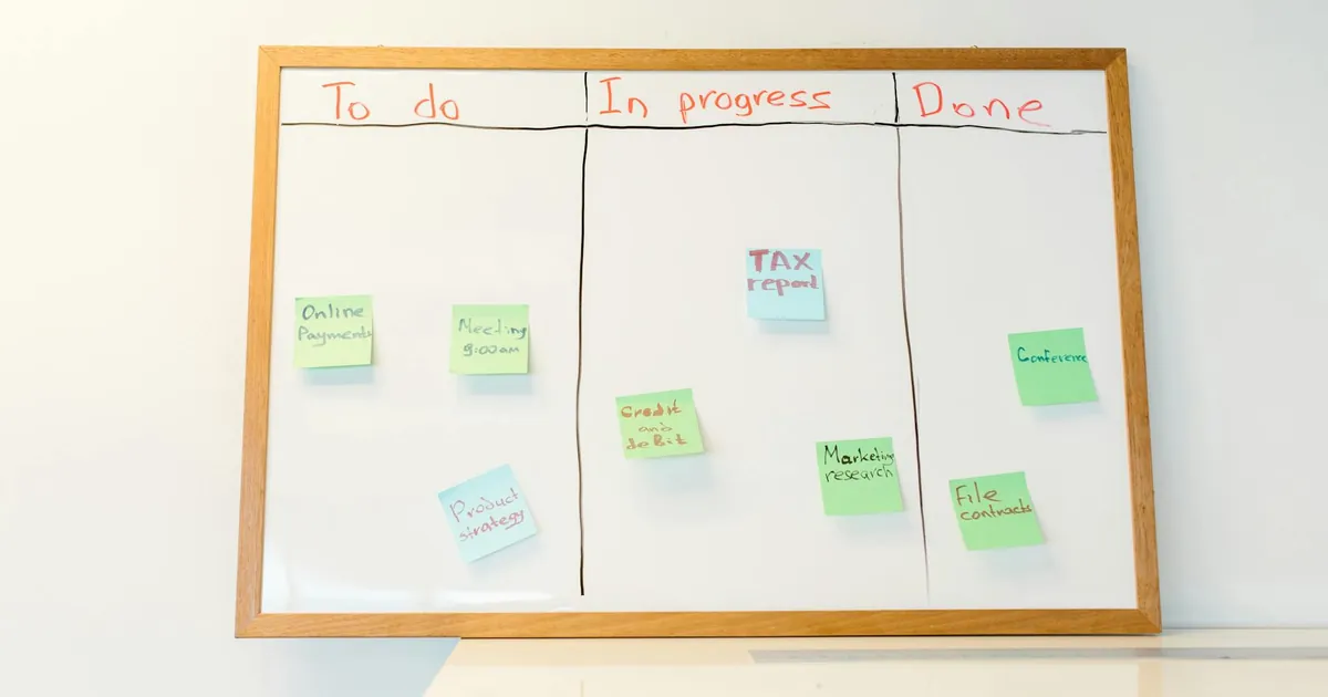 A whiteboard with colorful sticky notes organized into to-do, in-progress, and done categories, ideal for task management. A whiteboard with colorful sticky notes organized into to-do, in-progress, and done categories, ideal for task management.
