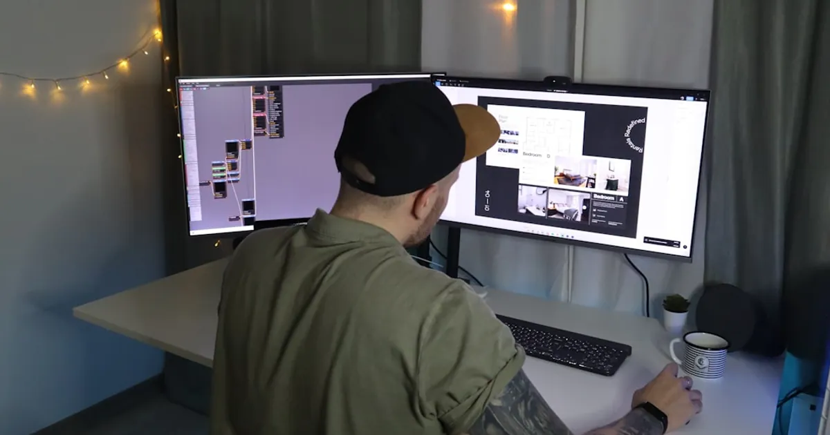 man in green dress shirt and black cap sitting in front of computer