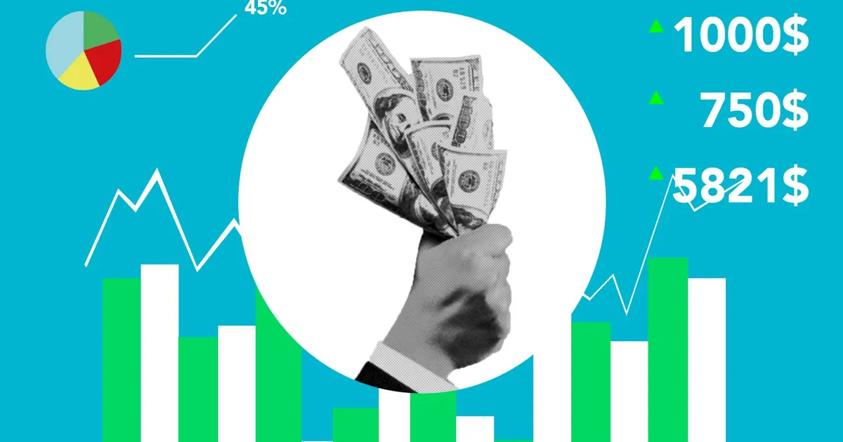 Decorative cardboard appliques representing hand with dollar banknotes and numbers above chart on blue background